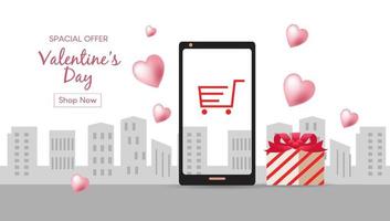 concept d'amour fond rose. magasinez en ligne pour la saint valentin. envoyer des cadeaux spéciaux avec commodité mobile et en toute sécurité. bannière pour la promotion en ligne ou site web.boutique en ligne sur l'application mobile.vecteur vecteur