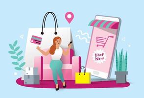 les femmes satisfaites des achats sur mobile paient par carte de crédit. achats en ligne dans une boutique en ligne sur un site Web ou une application mobile. le concept de vecteur aime faire du shopping. conception pour bannière de vente, marketing numérique.