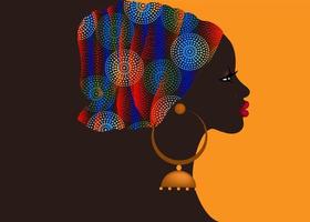 coiffure afro, beau portrait femme africaine en turban en tissu imprimé à la cire, enveloppement ethnique tribal coloré pour cheveux bouclés afro, modèle de bannière, vecteur isolé sur fond orange