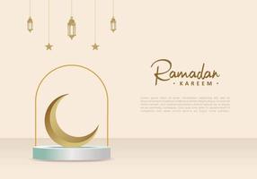 affiche ramadan kareem avec étoiles suspendues, lanternes et lune. vecteur