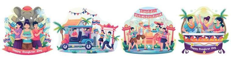 un ensemble de personnes célèbre le festival de songkran en thaïlande le jour de l'an traditionnel en éclaboussant de l'eau les uns sur les autres. illustration vectorielle vecteur