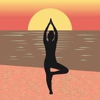 silhouette de femme dans une pose de yoga à la plage vecteur