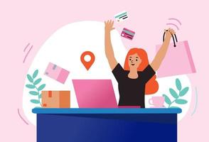 les femmes satisfaites des achats sur mobile paient par carte de crédit. achats en ligne dans une boutique en ligne sur un site Web ou une application mobile. le concept de vecteur aime faire du shopping. conception pour bannière de vente, marketing numérique.