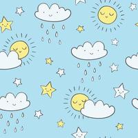 motif vectoriel de ciel mignon. arrière-plan harmonieux dessiné à la main avec des nuages souriants, du soleil, des étoiles et des gouttes de pluie. impression de griffonnage enfantin.