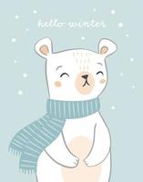 joli dessin de carte d'ours polaire dessiné à la main avec texte bonjour l'hiver. caractère d'ours sur fond neigeux. conception de noël de vacances. vecteur