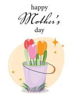 illustration de la fête des mères avec un seau rempli de tulipes. pour cartes, bannières, arrière-plans, affiches, invitations, publicités. vecteur