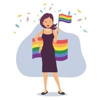 une femme tient des pancartes avec un arc-en-ciel lgbt et un drapeau transgenre, célèbre le mois de la fierté, les droits de l'homme. égalité et homosexualité. illustration de personnage de dessin animé vectoriel plat.