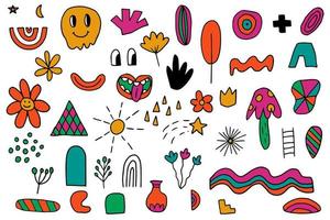 ensemble de différentes formes de doodle boho bogemian. éléments pour carte postale, motif, décoration. clip art formes libres hippie dessinées à la main. modèle de tatouage. vecteur