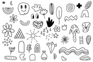 ensemble de différentes formes de doodle boho bogemian. éléments pour carte postale, motif, décoration. clip art formes libres hippie dessinées à la main. modèle de tatouage. vecteur