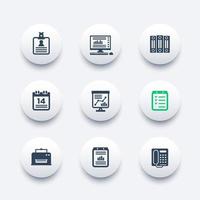 ensemble d'icônes de bureau, documents, rapports, dossiers, calendrier, calendrier, fax, imprimante, illustration vectorielle
