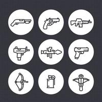 ensemble d'icônes de ligne d'armes, lance-roquettes, pistolet, mitraillette, fusil d'assaut, revolver, fusil de chasse, grenade, pictogrammes vectoriels d'arbalète vecteur