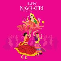 illustration du visage de la déesse durga pour navratri heureux, couple jouant garba et dandiya dans la célébration de navratri et la soirée disco vecteur