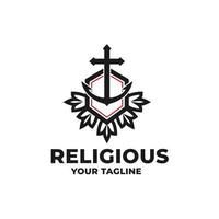 logo d'ancre et de bouclier, symbole d'église, croix, fleur, modèle, illustration de conception religieuse vecteur