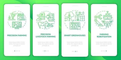 écran d'application mobile d'intégration de gradient vert d'agriculture de précision. pages d'instructions graphiques en 4 étapes avec des concepts linéaires. ui, ux, modèle d'interface graphique. une myriade de polices pro-gras régulières utilisées vecteur