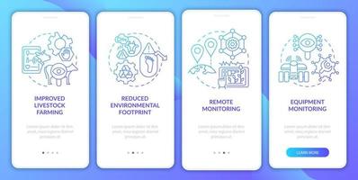 écran d'application mobile d'intégration à gradient bleu pour les pros de l'agriculture de précision. pages d'instructions graphiques en 4 étapes avec des concepts linéaires. ui, ux, modèle d'interface graphique. une myriade de polices pro-gras régulières utilisées vecteur