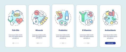 écran d'application mobile d'intégration de compléments alimentaires. pas à pas de nutrition pages d'instructions graphiques en 5 étapes avec des concepts linéaires. ui, ux, modèle d'interface graphique. une myriade de polices pro-gras régulières utilisées vecteur