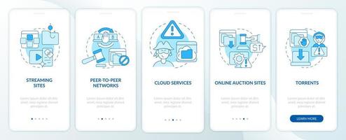sources de contenu piraté à bord de l'écran de la page de l'application mobile. sites de streaming pas à pas instructions graphiques en 5 étapes avec concepts. modèle vectoriel ui, ux, gui avec illustrations couleur linéaires