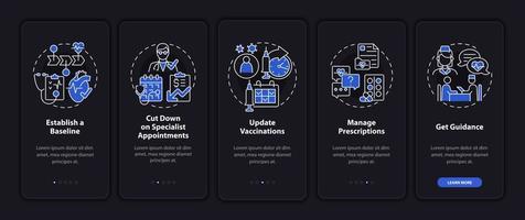 raisons de consulter un médecin chaque année sur l'écran de la page de l'application mobile d'intégration sombre. instructions graphiques en 5 étapes avec concepts. modèle vectoriel ui, ux, gui avec illustrations linéaires en mode nuit