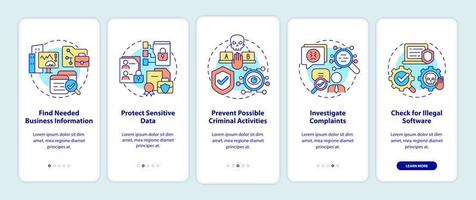 la surveillance légale utilise l'écran de la page de l'application mobile d'intégration. procédure pas à pas de contrôle du travail instructions graphiques en 5 étapes avec concepts. modèle vectoriel ui, ux, gui avec illustrations couleur linéaires