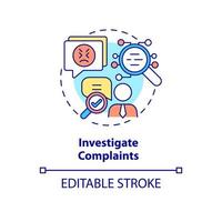 enquêter sur l'icône de concept de plaintes. vérifier le problème des travailleurs sur le lieu de travail. illustration de la ligne mince de l'idée abstraite de surveillance des employés. dessin de couleur de contour isolé de vecteur. trait modifiable vecteur