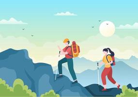 circuit d'aventure sur le thème de l'escalade, du trekking, de la randonnée, de la marche ou des vacances avec vue sur la forêt et la montagne dans une illustration d'affiche de fond de nature plate