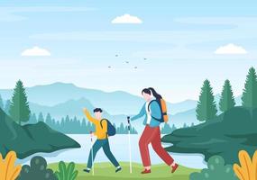circuit d'aventure sur le thème de l'escalade, du trekking, de la randonnée, de la marche ou des vacances avec vue sur la forêt et la montagne dans une illustration d'affiche de fond de nature plate vecteur