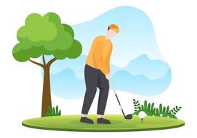 jouer au golf avec des drapeaux, un sol de sable, un bunker de sable et de l'équipement sur des plantes vertes de cour extérieure en illustration de fond de dessin animé plat vecteur