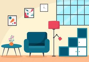 illustration de design plat de meubles de maison pour que le salon soit confortable comme un canapé, un bureau, un placard, des lumières, des plantes et des tentures murales vecteur