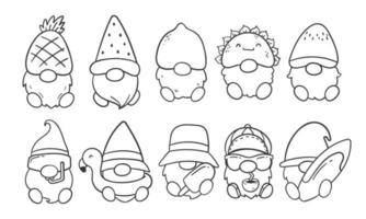 lignes de dessin animé gnomes d'été en costumes de fruits livre de coloriage pour les enfants vecteur