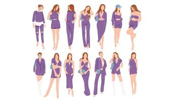 un modèle portant de nombreux vêtements en violet, jupe longue ou robe si belle vecteur