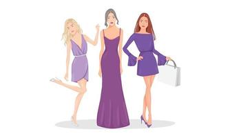 les femmes marchent illustration personnage dame fille avec une tenue formelle violet lilas noir. leur tenue peut être utilisée pour le travail, les réunions ou les événements spéciaux en couple vecteur
