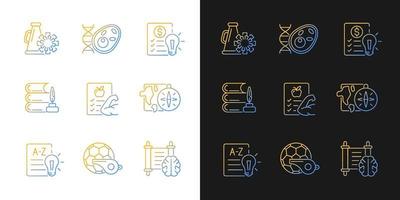 diverses icônes de gradient de matières scolaires définies pour le mode sombre et clair. cours de santé à l'école. ensemble de symboles de contour de ligne mince. collection d'illustrations vectorielles isolées en noir et blanc vecteur