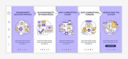 modèle de vecteur d'intégration des mesures anti-corruption. site Web mobile réactif avec icônes. page Web pas à pas en 5 étapes. concept de couleur de politique gouvernementale avec illustrations linéaires