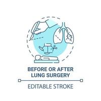 avant et après l'icône de concept bleu de chirurgie pulmonaire. illustration de la ligne mince de l'idée abstraite de l'opération pulmonaire. préparation et récupération. dessin de couleur de contour isolé de vecteur. trait modifiable vecteur