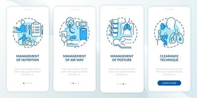 écran de la page de l'application mobile d'intégration bleue de réadaptation pulmonaire. Procédure pas à pas de gestion de la récupération Instructions graphiques en 4 étapes avec concepts. modèle vectoriel ui, ux, gui avec illustrations couleur linéaires