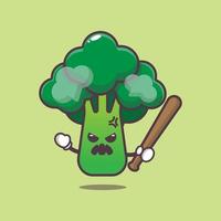 personnage de mascotte de dessin animé mignon brocoli en colère tenant un bâton de baseball vecteur