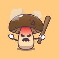personnage de mascotte de dessin animé mignon champignon en colère tenant un bâton de baseball vecteur