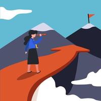 conception de concept d'entreprise femme d'affaires active debout sur la flèche regardant avec la croissance du télescope et pour atteindre plus haut. illustration du ciel avec vue sur les nuages et la montagne. style de dessin animé plat graphique vectoriel