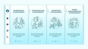 modèle de vecteur d'intégration des types de physiothérapie. site Web mobile réactif avec icônes. page Web pas à pas en 4 étapes. concept de couleur de traitement physique avec illustrations linéaires