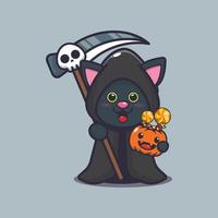 chat mignon portant un costume de faucheuse tenant une faux et une citrouille d'halloween vecteur