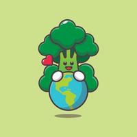 personnage de dessin animé mignon de brocoli étreignant la terre vecteur