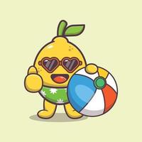 personnage de mascotte de dessin animé mignon citron dans des lunettes de soleil tenant un ballon de plage vecteur