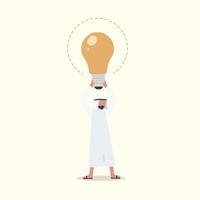 conception de concept d'entreprise Homme d'affaires arabe soulevant une grosse ampoule au-dessus de la tête. métaphore des nouvelles idées commerciales et de l'esprit d'entreprise. créativité, perspicacité, inspiration. dessin animé plat illustration vectorielle vecteur