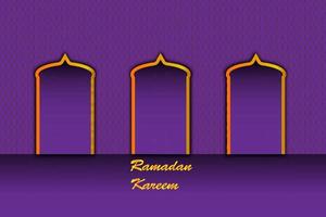 vecteur de fond ramadan kareem, conception de cartes de voeux, couleur et motif violets, porte de la mosquée