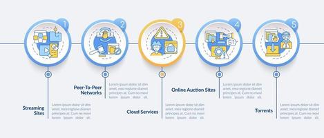 sources du modèle d'infographie vectoriel de contenu piraté. la présentation des torrents décrit les éléments de conception. visualisation des données en 5 étapes. graphique d'informations sur la chronologie du processus. mise en page du flux de travail avec des icônes de ligne