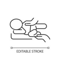 icône linéaire de massage infantile. pratiquer le temps sur le ventre. masser le dos de bébé. traiter les coliques du nouveau-né. illustration personnalisable en ligne mince. symbole de contour. dessin de contour isolé de vecteur. trait modifiable vecteur