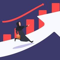 conception de concept d'entreprise femme d'affaires arabe en cours d'exécution sur la flèche vers le haut aller au succès, graphique. vision d'entreprise. bénéfices et revenus d'investissement, croissance du marché boursier ou fonds. style de dessin animé plat illustration vectorielle vecteur