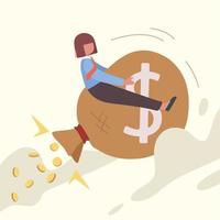 conception de concept d'entreprise femme d'affaires équitation sac d'argent fusée avec signe dollar volant dans le ciel. succès financier, idée créative d'entreprise pour atteindre l'objectif de réussite. dessin animé plat illustration vectorielle vecteur