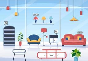 illustration de design plat de magasin de meubles de maison pour que le salon soit confortable comme un canapé, un bureau, un placard, des lumières, des plantes et des tentures murales vecteur