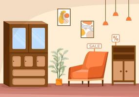 illustration de design plat de magasin de meubles de maison pour que le salon soit confortable comme un canapé, un bureau, un placard, des lumières, des plantes et des tentures murales vecteur